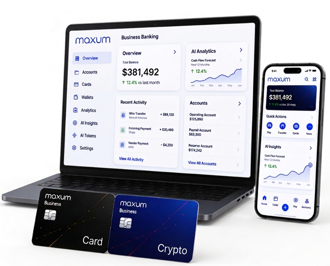 Maxum dashboard on laptop, mobile app, and corporate cards on a global network